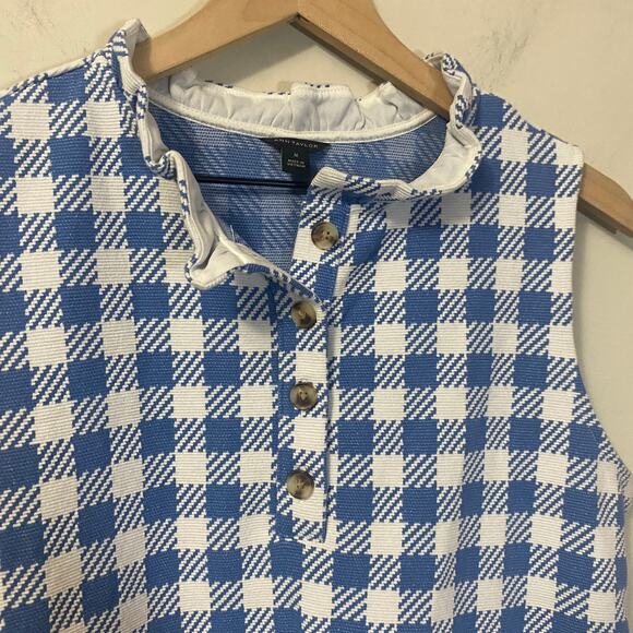Ann Taylor Plaid Ruffle Neck Button Shell Top White Blue Checkered Sz M - Picture 3 of 10